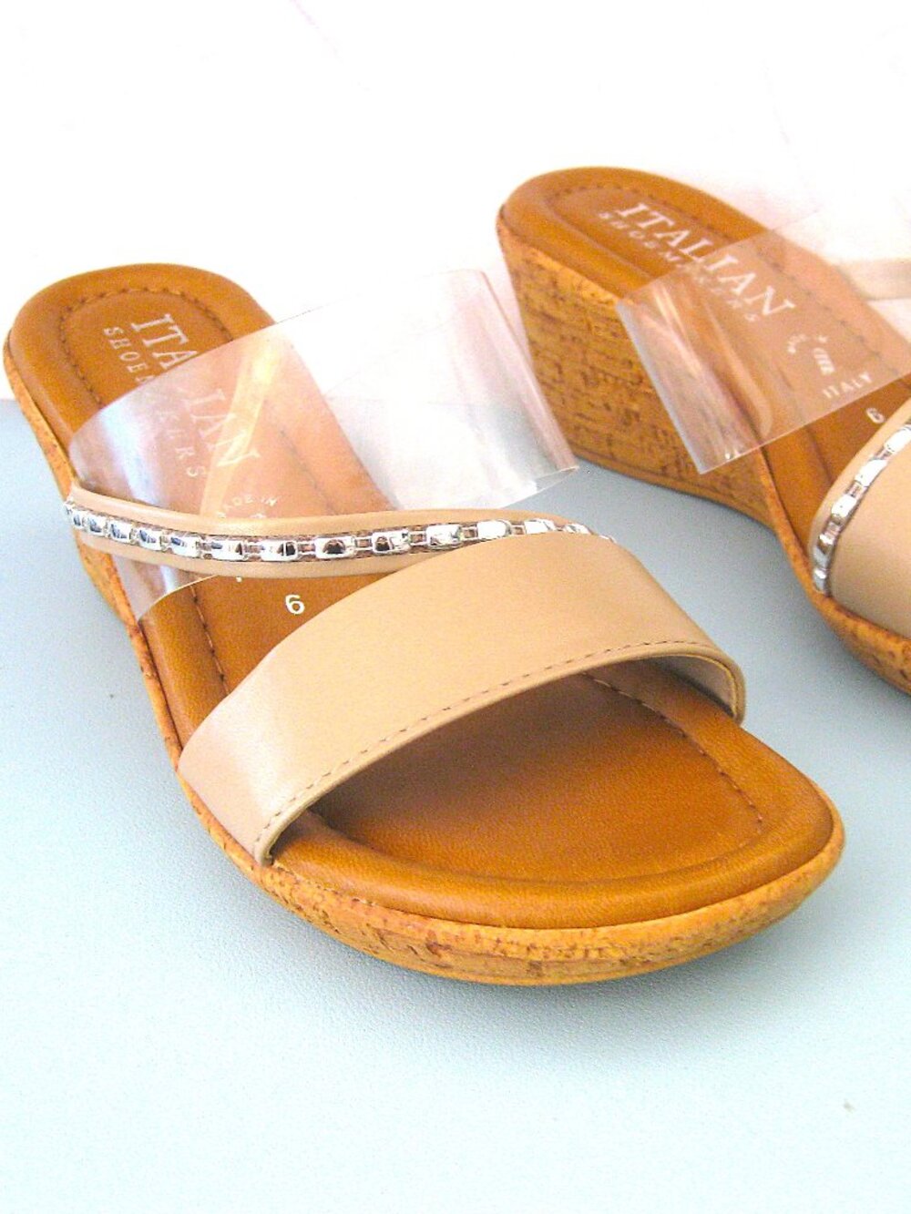 Tan Slip-on Sandals  Italian  Size 6   Clear Band